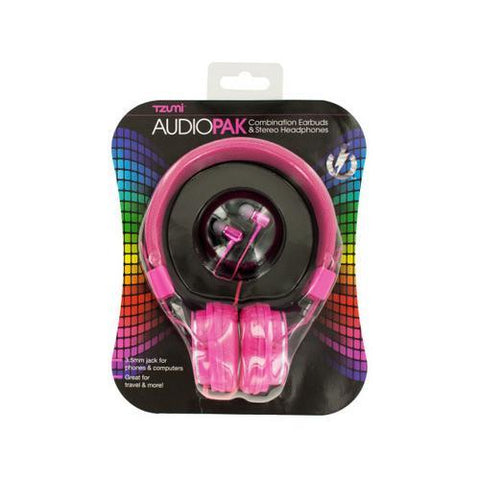 Pink Foldable Stereo Headphones & Earbuds Set ( Case of 3 )