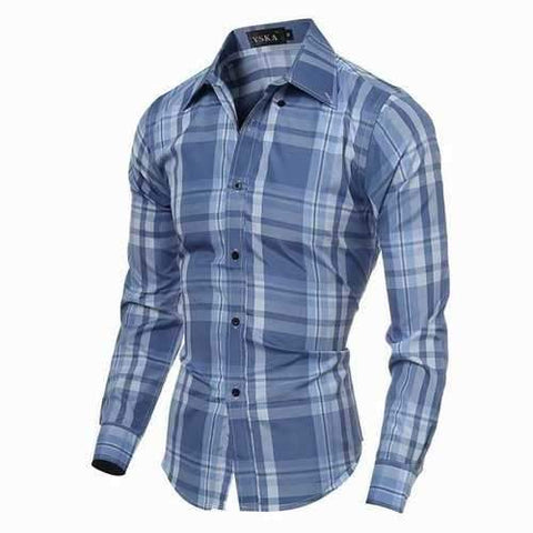 Spring Mens Checks Pattern Slim Fit Turndown Collar Long Sleeved Dress Shirts