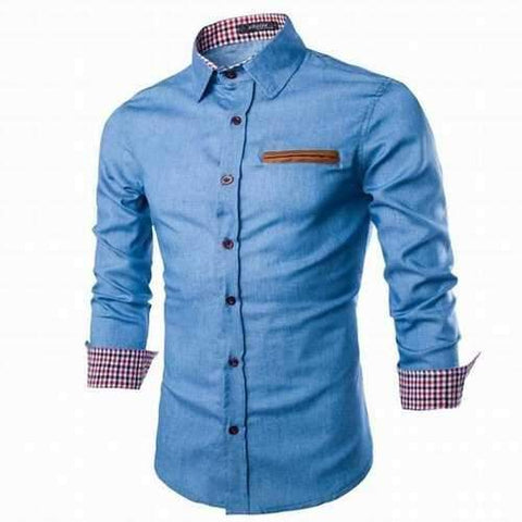 Mens Denim Washed Slim Fit Long Sleeved Casual Dress Shirts Casual Cotton Shirts