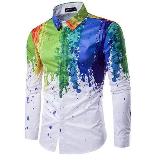 Korean Style Casual Personality 3D Splash Ink Printing Long Sleeve Dress Shirts for Men