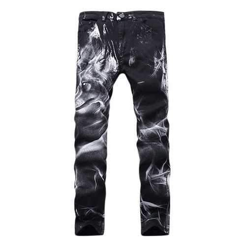 Motorcycle Vintange Wolf Printing Folds High Elastic Slim Ripped Jeans for Men