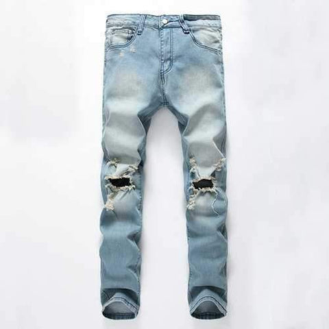 Vintage Fashion Light Blue Worn Hole Printed Stone Washed Denim Ripped Jeans for Men