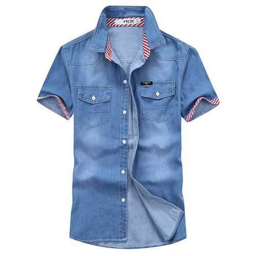 Casual Fashion Denim Double Chest Pockets Short Sleeve Slim Fit Dress Shirts for Men