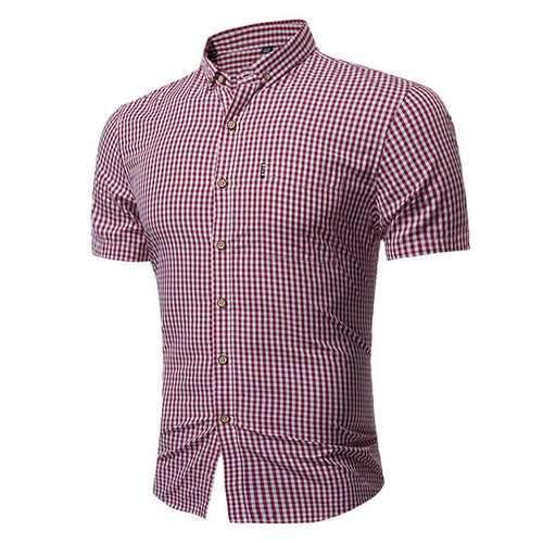 Casual Classical Business Small Plaids Printing Short Sleeve Dress Shirts for Men