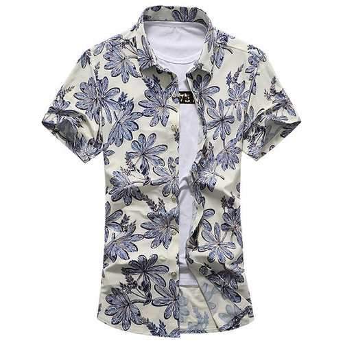 Plus Size Outdoor Beach Seaside Flowers Printing Loose Soft Short Sleeve Dress Shirts for Men