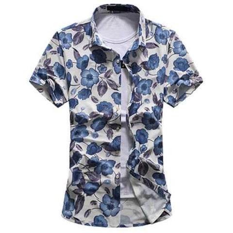 Plus Size Casual Fashion Beach Soft Slim Floral Printing Short Sleeve Dress Shirts for Men