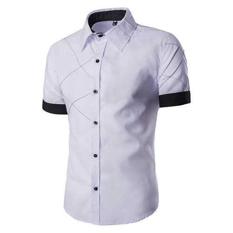 Casual Stitching Colors Plaids Short Sleeve Band Collar Dress Shirts for Men