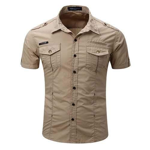 Outdoor Casual Washed Cargo Chest Pockets Band Collar Dress Shirts for Men