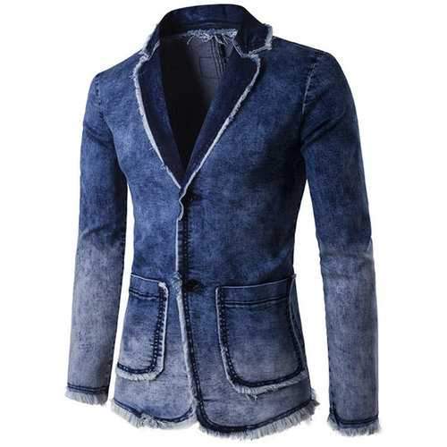 Casual Business Blue Suits Fashion Gradient Color Tassel Denim Washed Blazers for Men