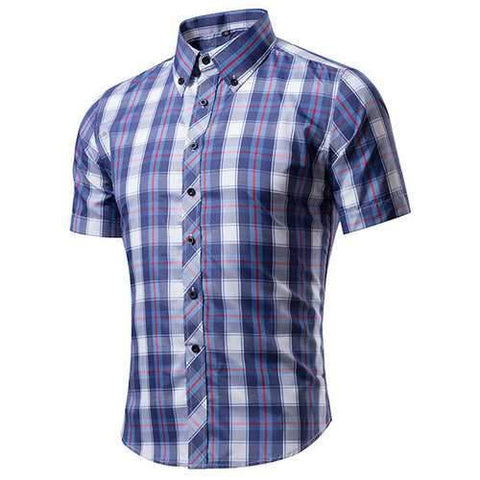 Casual Business Plaids Band Collar Printing Slim Short Sleeve Dress Shirts for Men