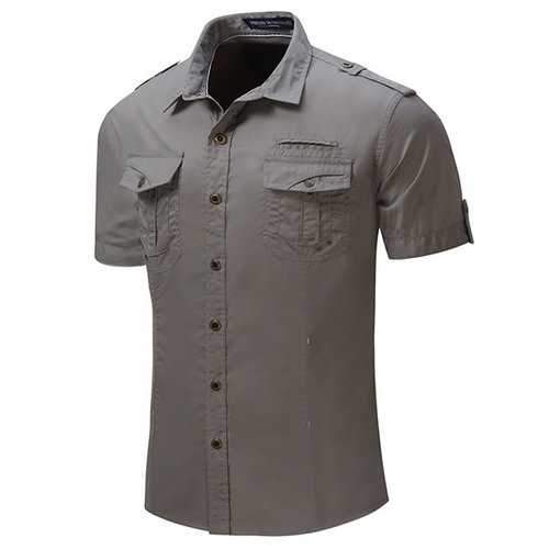 Outdoor Washed Sports Cargo Band Collar Dress Shirts for Men