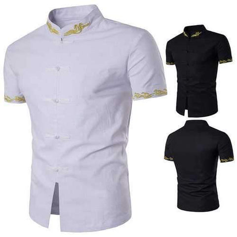 Fashion Stand Collar Embroidery Vintage Style Linen Designer Shirts for Men