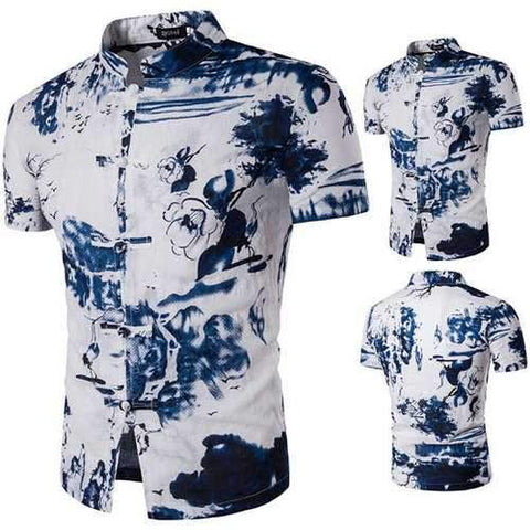 Casual Summer Vintage Linen Printing Stand Collar Designer Shirts for Men