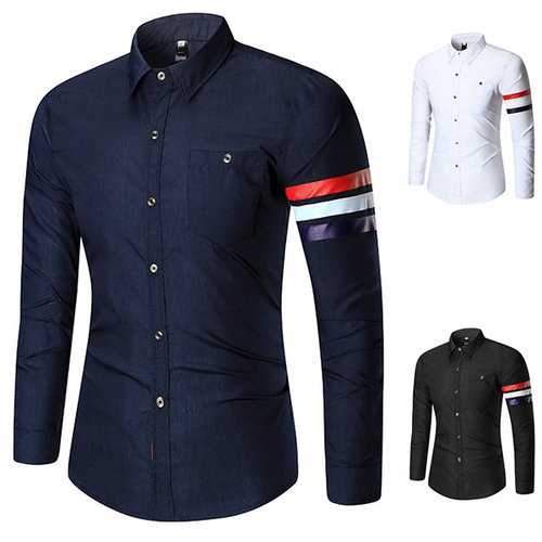 Fashion Chest Pocket Stripes Printing Band Collar Designer Shirts for Men