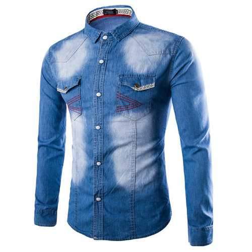 Fashion Slim Stone Washed Denim Designer Shirts for Men