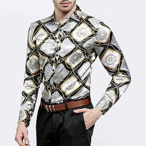 Slim Fit Printing Long Sleeve Button Up Shirt