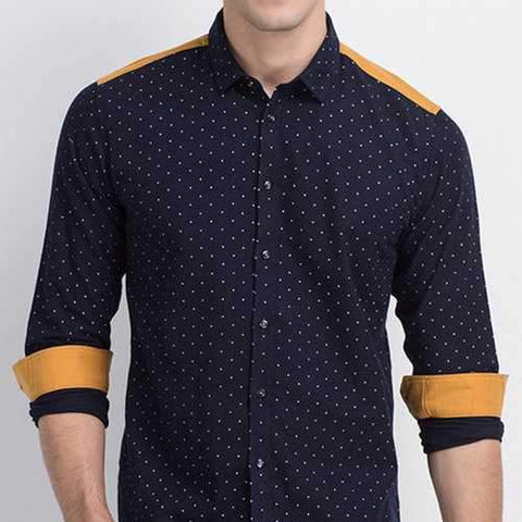 Navy Fall Winter Cotton Printing Patchwork Button Up Shirt