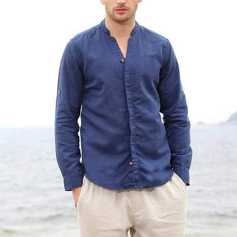 Pure Color V Neck Linen Shirts