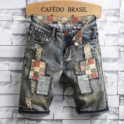 Retro Ripped Holes Patchwork Distressed Jeans