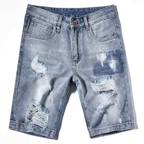 Holes Knee Length Denim Shorts