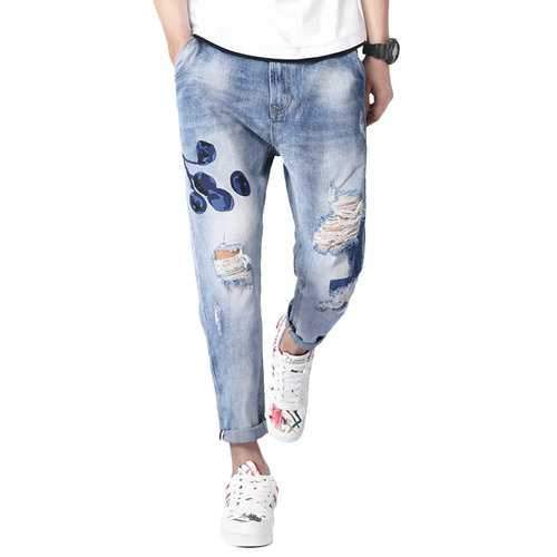 Printing Holes Harem Pant Washed Jeans