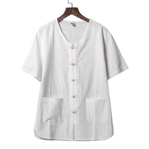 Plus Size Retro Chinese Button Pocket Shirts