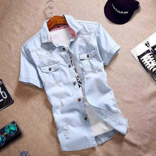 Chest Pockets Holes Denim Shirts