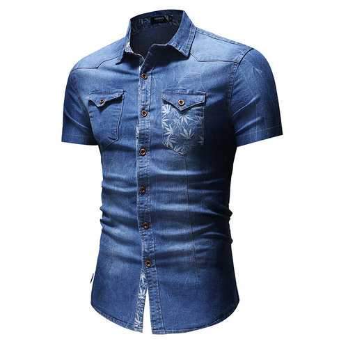 Casual Leaves Printing Patchwork Denim Shirts