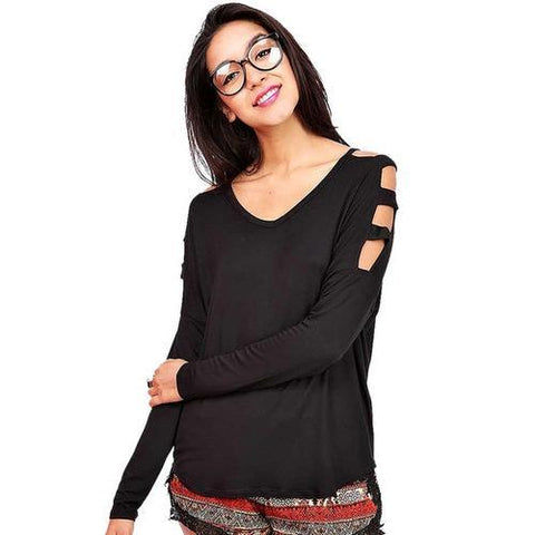 Elegant Newest Women Long Sleeves With Strappies-Hollow Out Shirt Black