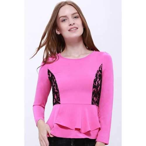 Slimming Round Collar Flounce Lace Embellished Long Sleeve Women's Blouse - Purplish Red M