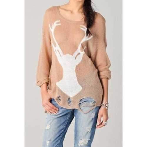 Stylish Scoop Neck Long Sleeve Hole Embellished Deerlet Knitwear For Women - Dark Khaki One Size