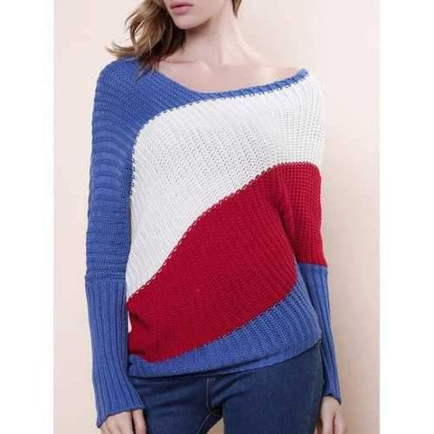 Sweet Style Scoop Neck Batwing Sleeve Color Stripe Knitting Women's Sweater - Blue One Size