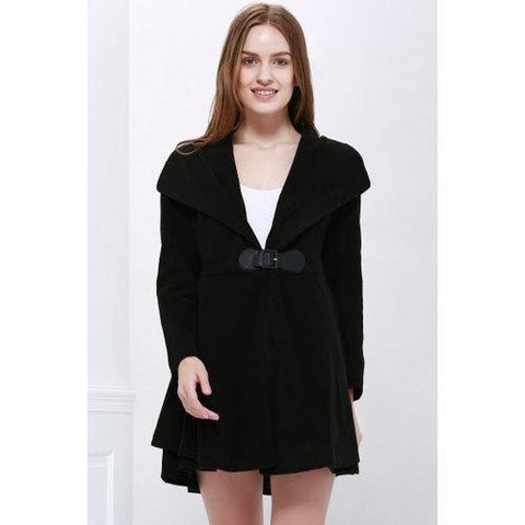 Solid Color Noble Style Worsted Turn-Down Collar Long Sleeves Women's Coat - Black M