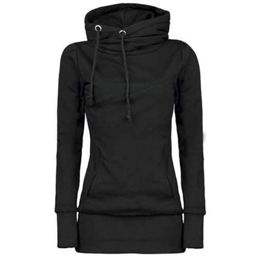 Long Sleeves Hooded Draw String Pockets Beam Waist Korean Style Casual Women's Hoodie - Black L