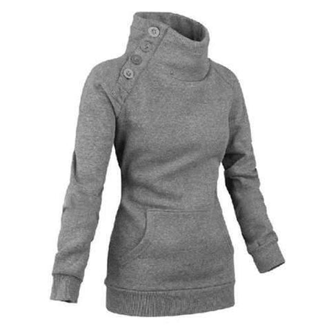 Long Sleeves High Neck Buttons Embellished Pockets Beam Waist Casual Women's Sweatshirt - Gray S