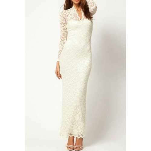 Elegant V-Neck Lacework See-through Long Sleeves Lace Women's Bodycon Dress - White Xl