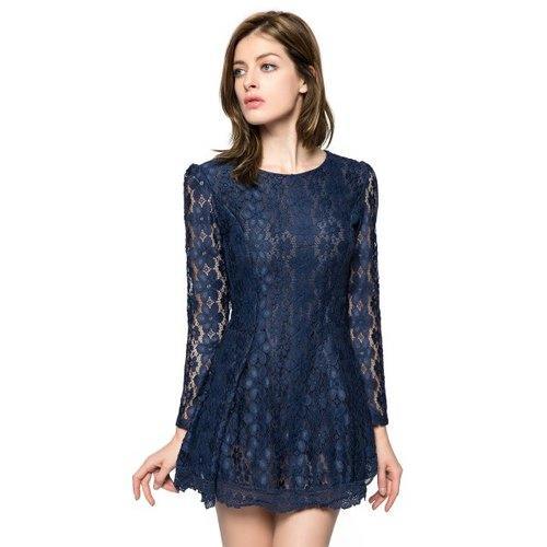 Ladylike Style Solid Color Scoop Neck Lace Long Sleeves Slimming Burnt-Out Women's Dress - Sapphire Blue M